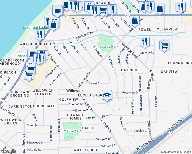 map of restaurants, bars, coffee shops, grocery stores, and more near 520 Terrace Plaza in Willowick