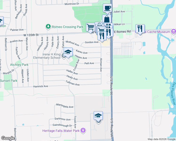 map of restaurants, bars, coffee shops, grocery stores, and more near 217 Pell Avenue in Romeoville