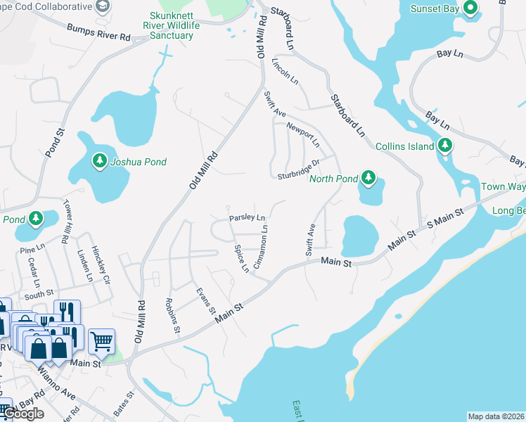 map of restaurants, bars, coffee shops, grocery stores, and more near 8 Nutmeg Lane in Barnstable