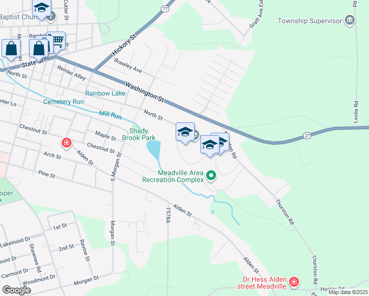 map of restaurants, bars, coffee shops, grocery stores, and more near 930 North Street in Meadville