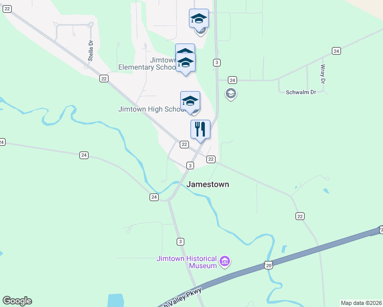 map of restaurants, bars, coffee shops, grocery stores, and more near 59153 County Road 3 in Elkhart