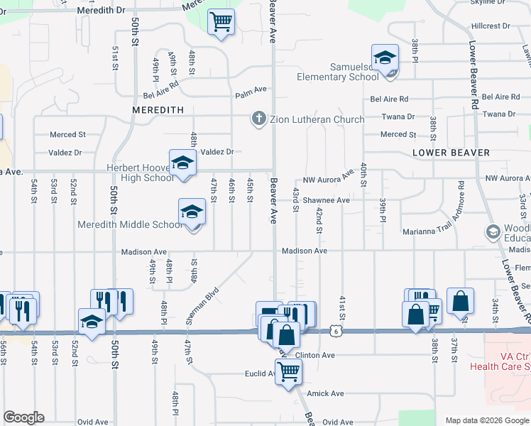 map of restaurants, bars, coffee shops, grocery stores, and more near in Des Moines