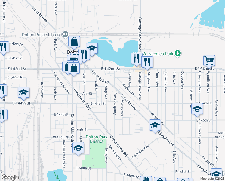 map of restaurants, bars, coffee shops, grocery stores, and more near 14287 Lincoln Avenue in Dolton