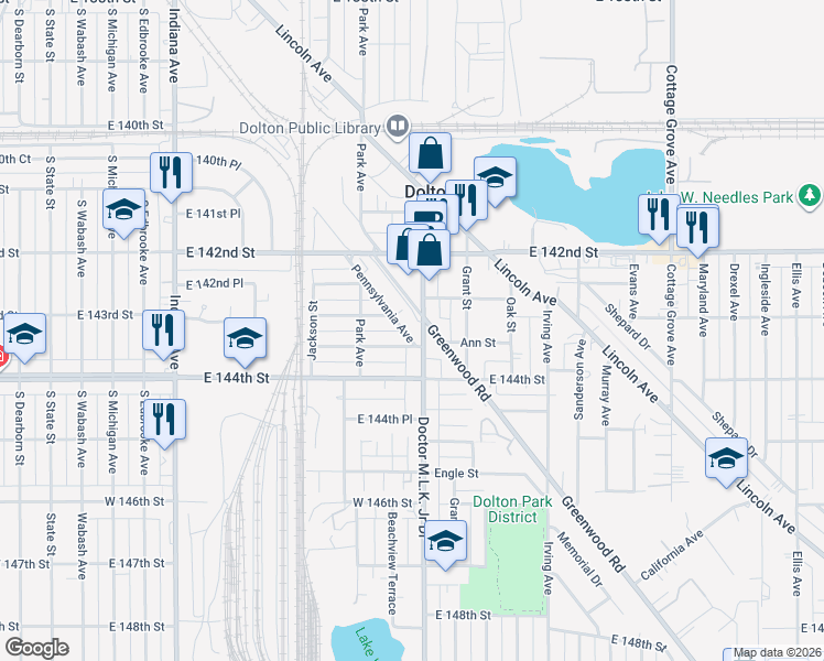 map of restaurants, bars, coffee shops, grocery stores, and more near 14315 Pennsylvania Avenue in Dolton