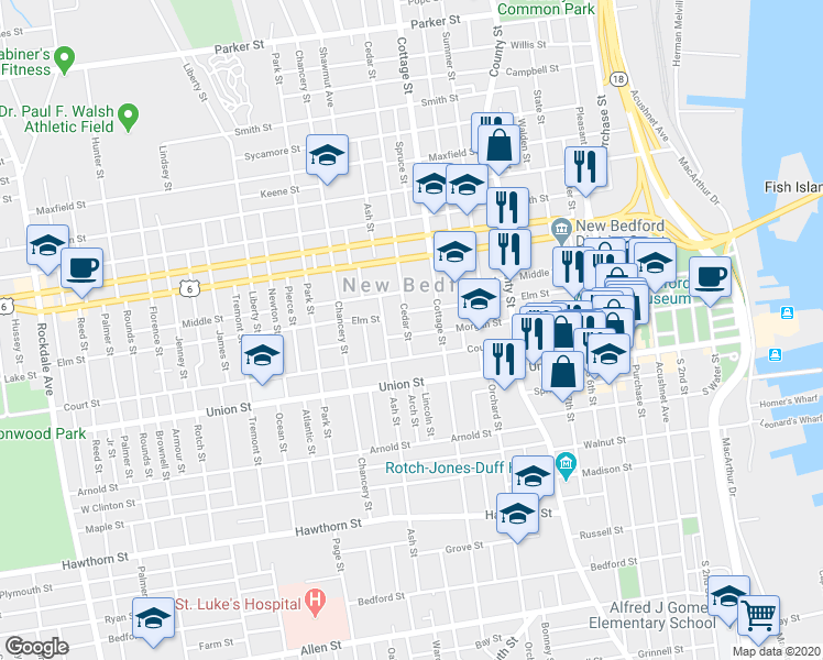 map of restaurants, bars, coffee shops, grocery stores, and more near 44 Cedar Street in New Bedford