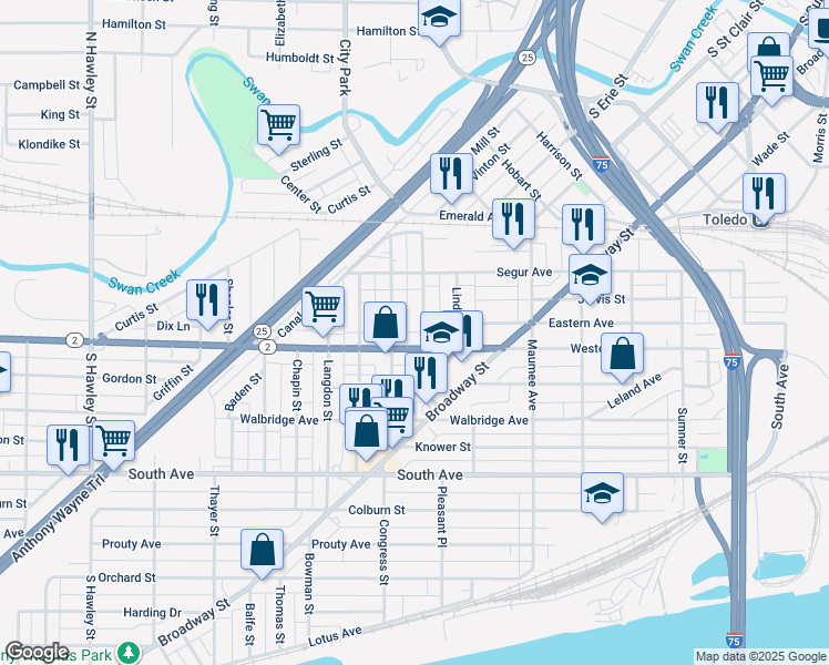 map of restaurants, bars, coffee shops, grocery stores, and more near 244 Field Avenue in Toledo
