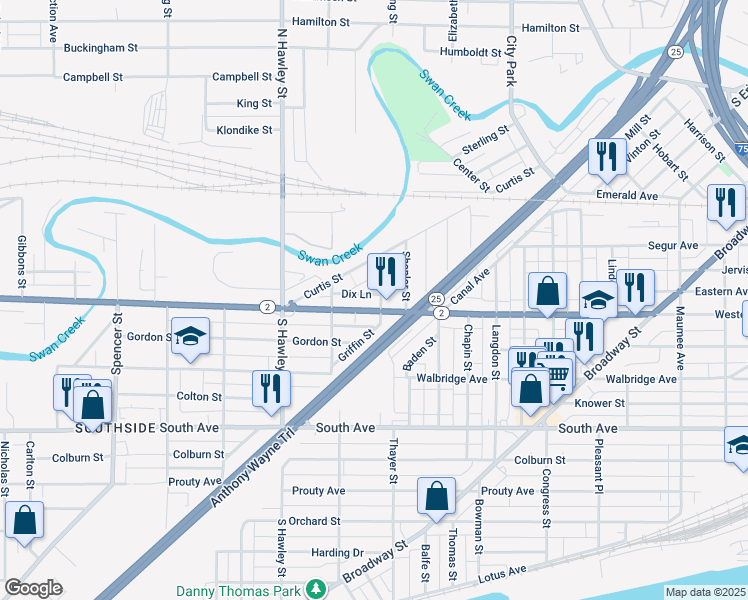 map of restaurants, bars, coffee shops, grocery stores, and more near 242 Mozart Street in Toledo