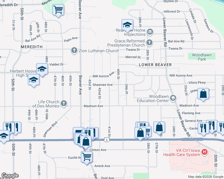 map of restaurants, bars, coffee shops, grocery stores, and more near 4011 Shawnee Avenue in Des Moines