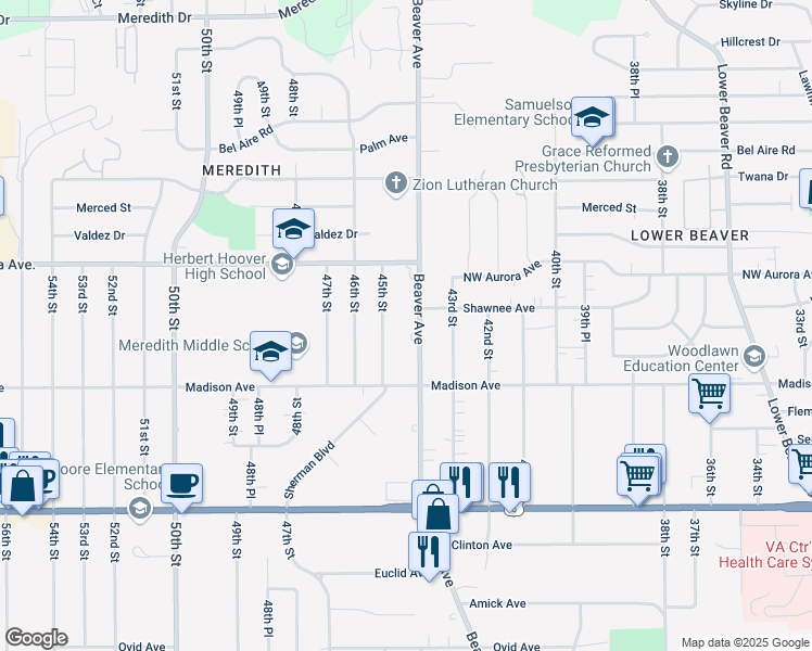 map of restaurants, bars, coffee shops, grocery stores, and more near in Des Moines