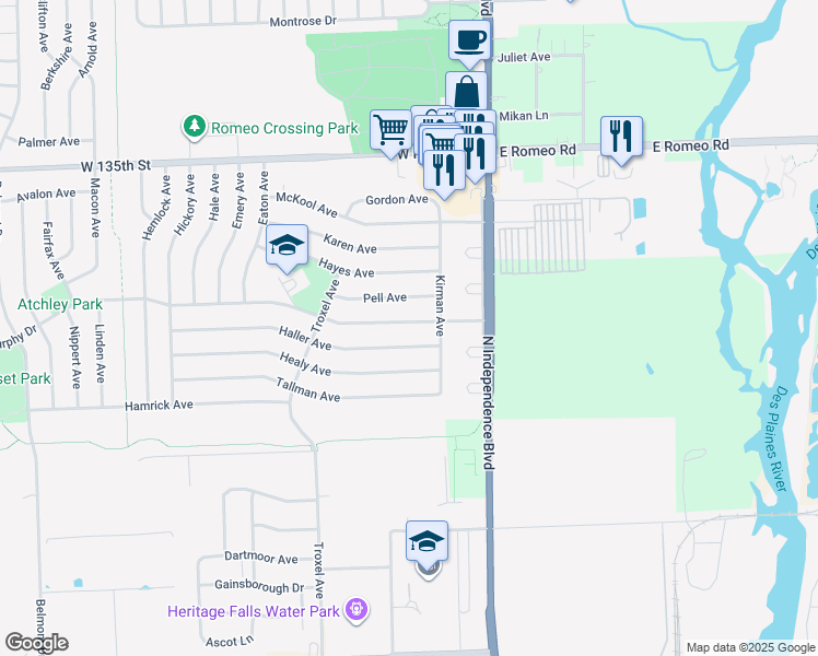 map of restaurants, bars, coffee shops, grocery stores, and more near 209 Murphy Drive in Romeoville