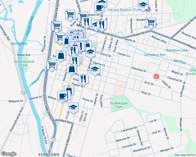 map of restaurants, bars, coffee shops, grocery stores, and more near 385 Pine Street in Meadville