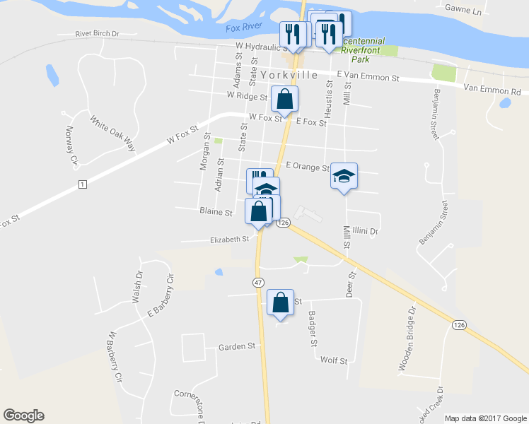 map of restaurants, bars, coffee shops, grocery stores, and more near 56 E School House Rd in Yorkville