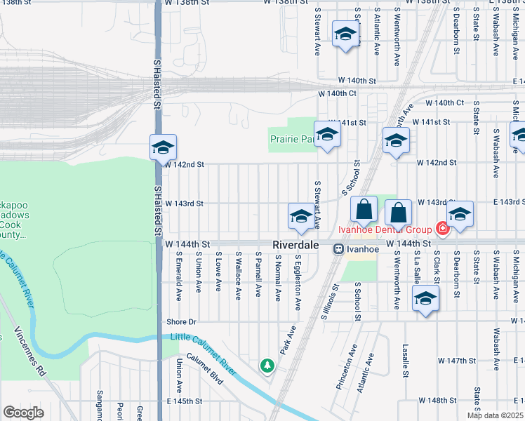 map of restaurants, bars, coffee shops, grocery stores, and more near 14305 South Parnell Avenue in Riverdale