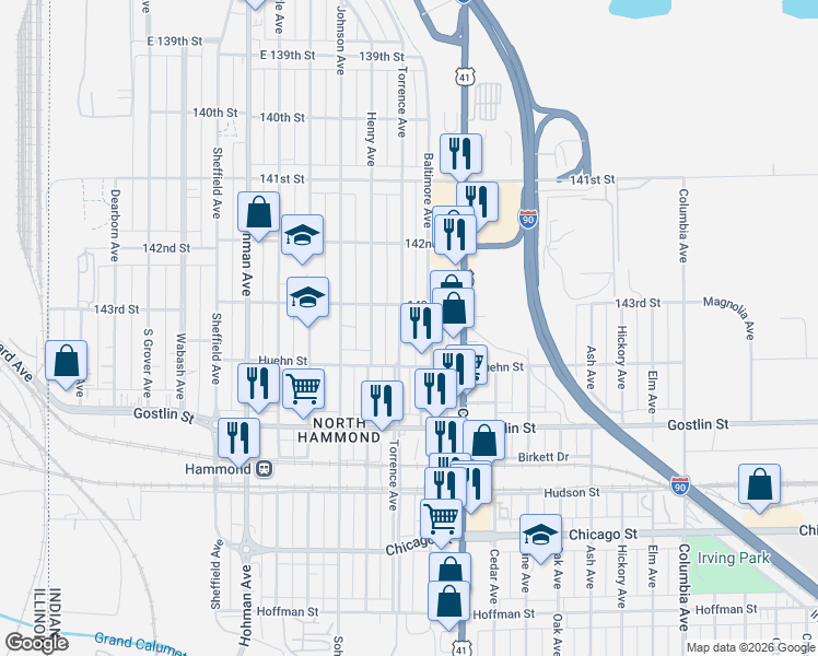 map of restaurants, bars, coffee shops, grocery stores, and more near 4319 Torrence Ave in Hammond