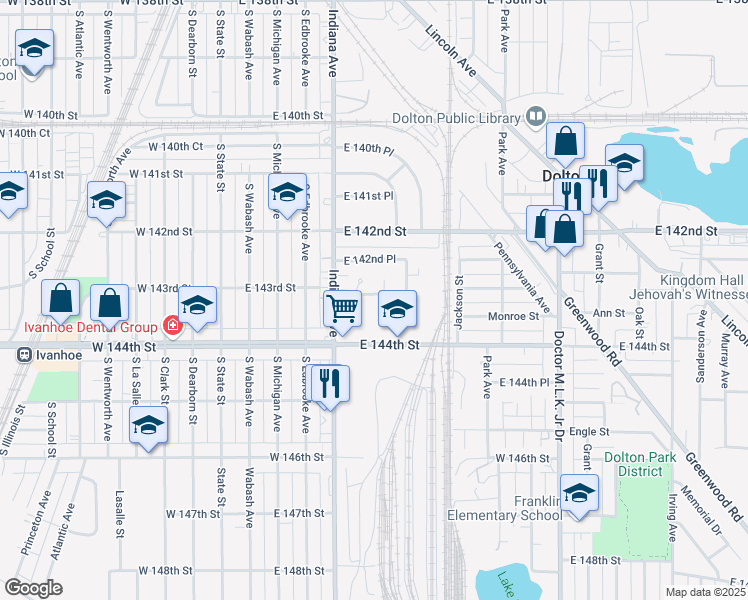 map of restaurants, bars, coffee shops, grocery stores, and more near 242 East 143rd Street in Dolton