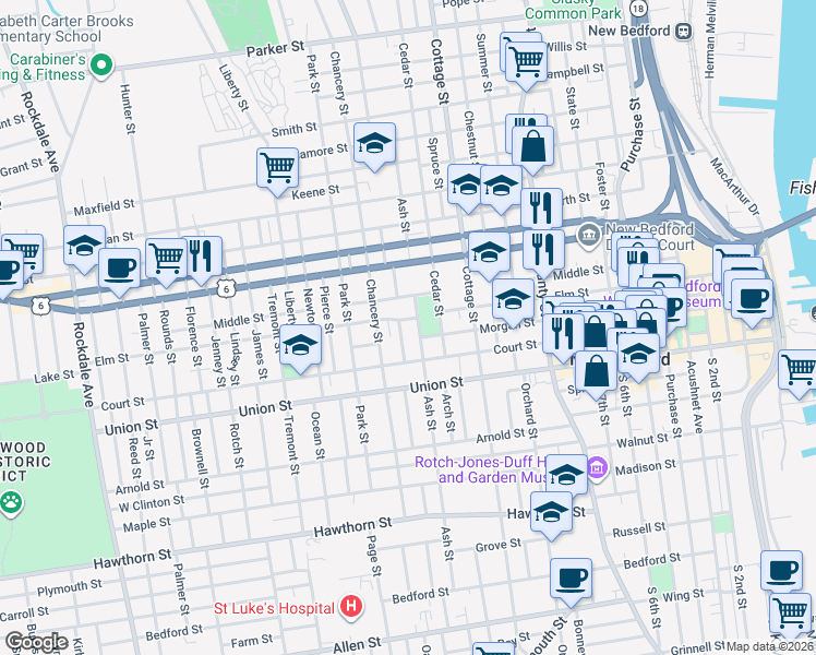 map of restaurants, bars, coffee shops, grocery stores, and more near 285 Ash Street in New Bedford