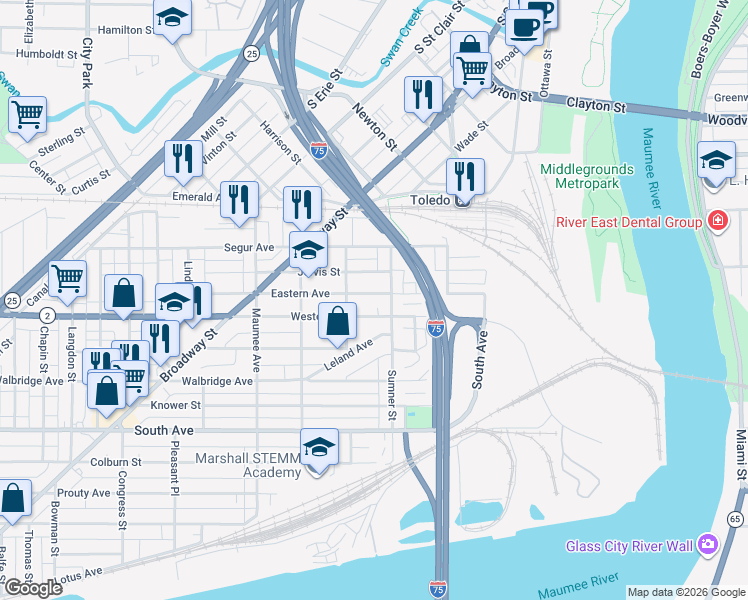map of restaurants, bars, coffee shops, grocery stores, and more near 228 Eastern Avenue in Toledo