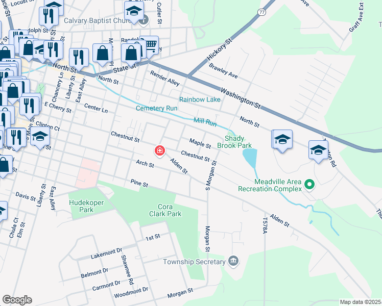 map of restaurants, bars, coffee shops, grocery stores, and more near 684 Maple Street in Meadville