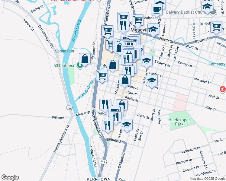 map of restaurants, bars, coffee shops, grocery stores, and more near 216 Pine Street in Meadville