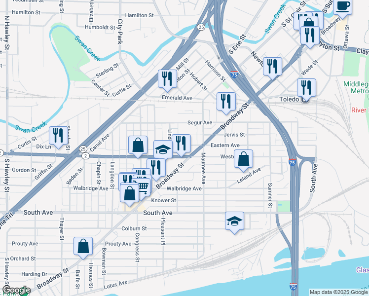 map of restaurants, bars, coffee shops, grocery stores, and more near 532 Eastern Avenue in Toledo