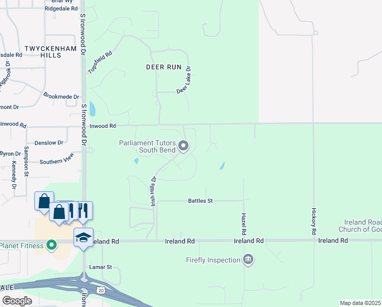 map of restaurants, bars, coffee shops, grocery stores, and more near 4245 Irish Hills Drive in South Bend