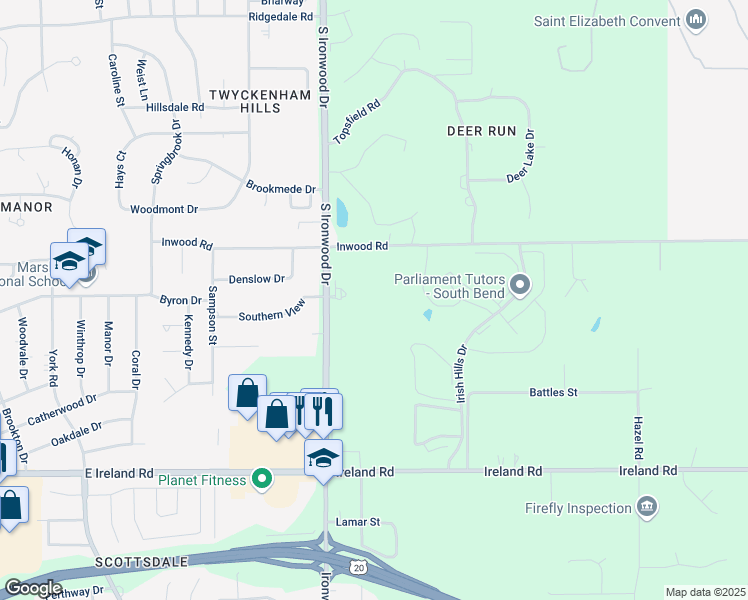 map of restaurants, bars, coffee shops, grocery stores, and more near 4010 South Ironwood Drive in South Bend