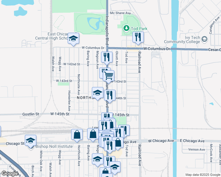 map of restaurants, bars, coffee shops, grocery stores, and more near 4306 Olcott Avenue in East Chicago