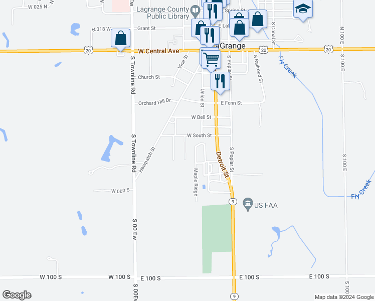 map of restaurants, bars, coffee shops, grocery stores, and more near 215 West South Street in LaGrange