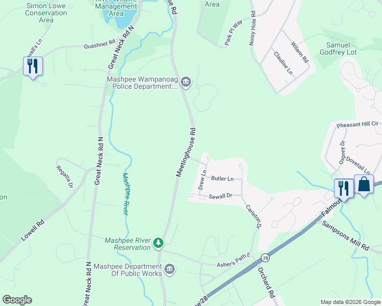 map of restaurants, bars, coffee shops, grocery stores, and more near 230 Meetinghouse Road in Mashpee