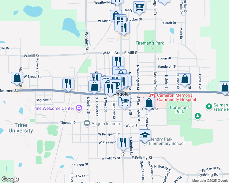 map of restaurants, bars, coffee shops, grocery stores, and more near 101-199 North Elizabeth Street in Angola