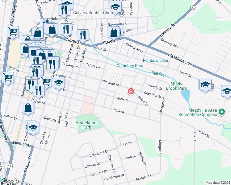 map of restaurants, bars, coffee shops, grocery stores, and more near Clinton Ct Exd in Meadville