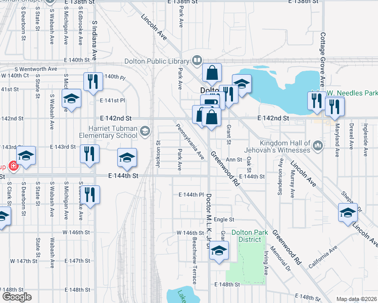 map of restaurants, bars, coffee shops, grocery stores, and more near 510 Jefferson Street in Dolton