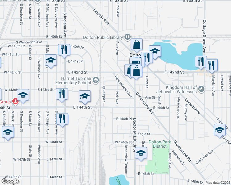 map of restaurants, bars, coffee shops, grocery stores, and more near 434 Jefferson Street in Dolton