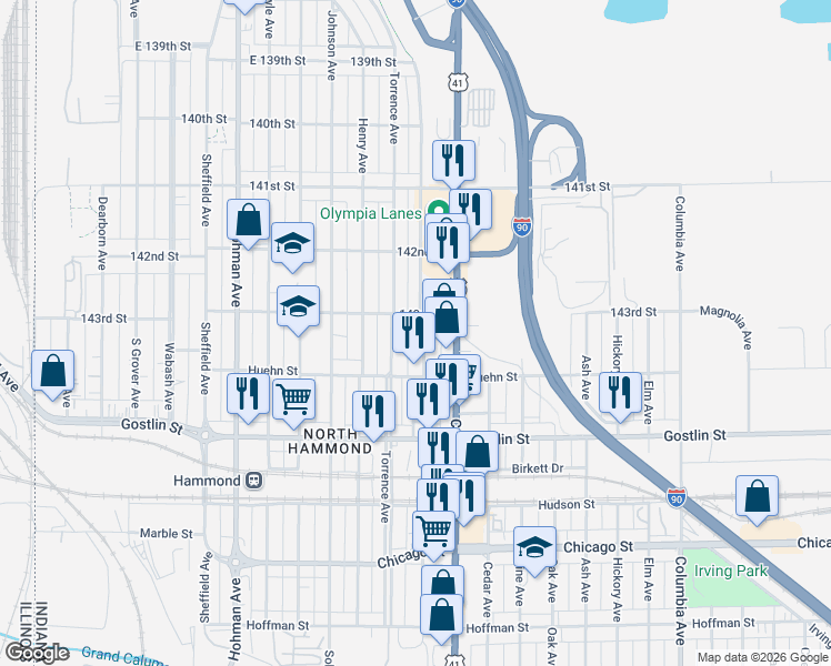 map of restaurants, bars, coffee shops, grocery stores, and more near 4500-4532 Baltimore Ave in Hammond