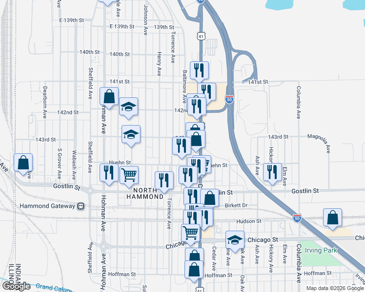 map of restaurants, bars, coffee shops, grocery stores, and more near 4500-4532 Baltimore Ave in Hammond