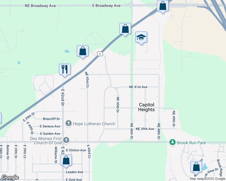map of restaurants, bars, coffee shops, grocery stores, and more near 4105 Northeast 44th Drive in Des Moines
