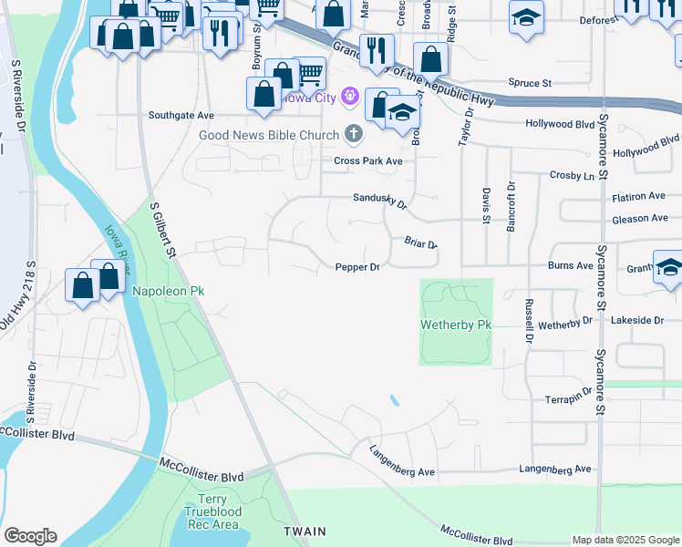 map of restaurants, bars, coffee shops, grocery stores, and more near 836 Pepper Drive in Iowa City