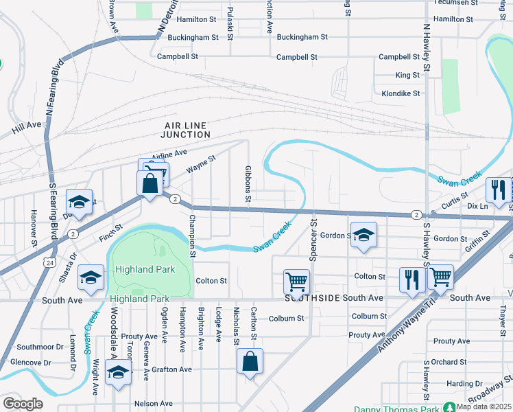 map of restaurants, bars, coffee shops, grocery stores, and more near 1510 Western Avenue in Toledo