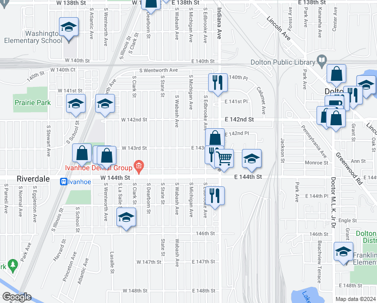 map of restaurants, bars, coffee shops, grocery stores, and more near 14302 South Michigan Avenue in Riverdale