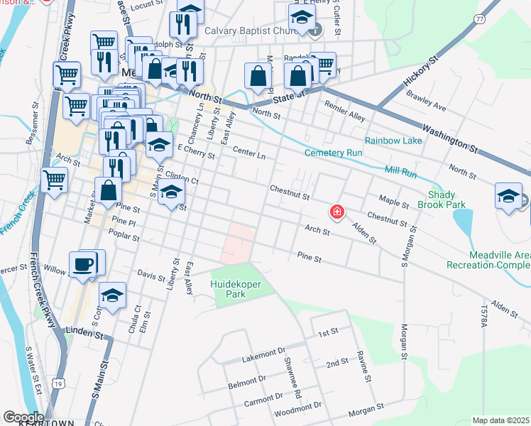 map of restaurants, bars, coffee shops, grocery stores, and more near Clinton Ct Exd in Meadville