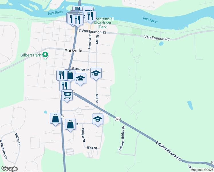 map of restaurants, bars, coffee shops, grocery stores, and more near 306 Olsen Street in Yorkville