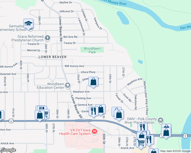 map of restaurants, bars, coffee shops, grocery stores, and more near 3022 Vilura Parkway in Des Moines