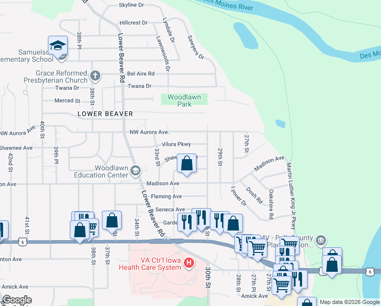 map of restaurants, bars, coffee shops, grocery stores, and more near 3022 Vilura Parkway in Des Moines