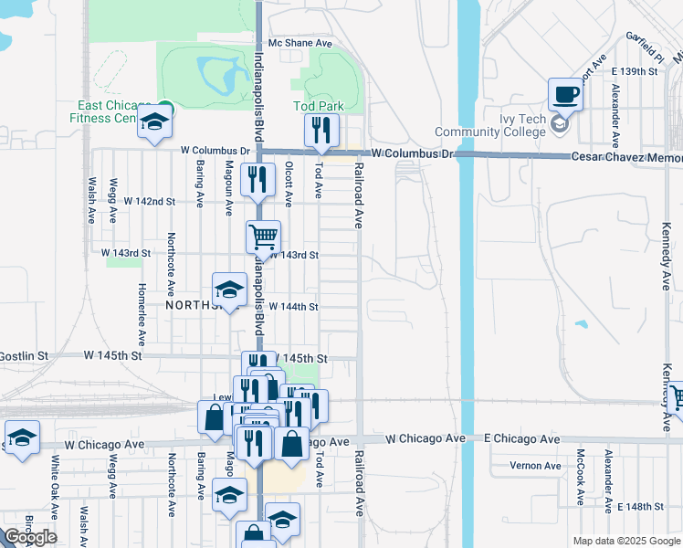 map of restaurants, bars, coffee shops, grocery stores, and more near 517 West 143rd Street in East Chicago