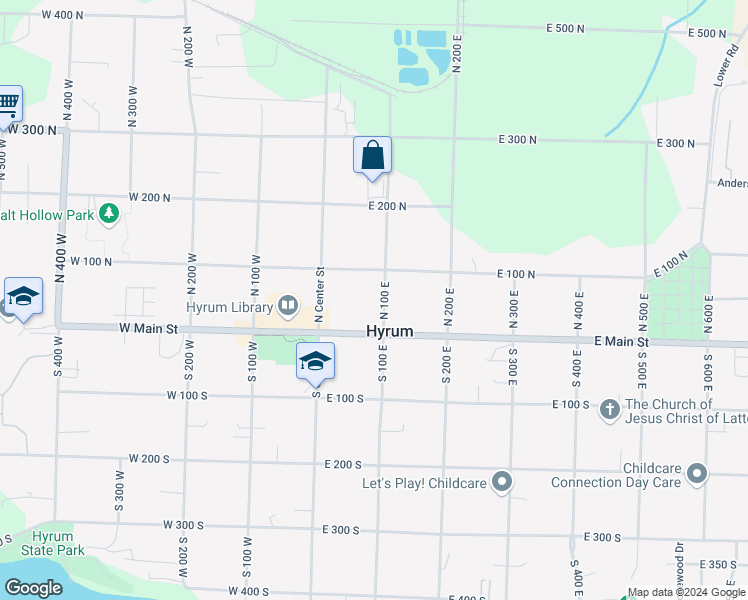 map of restaurants, bars, coffee shops, grocery stores, and more near 55 North 100 East in Hyrum