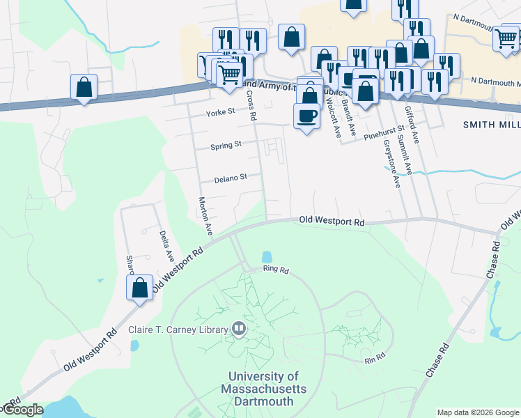 map of restaurants, bars, coffee shops, grocery stores, and more near 15 Cross Road in Dartmouth