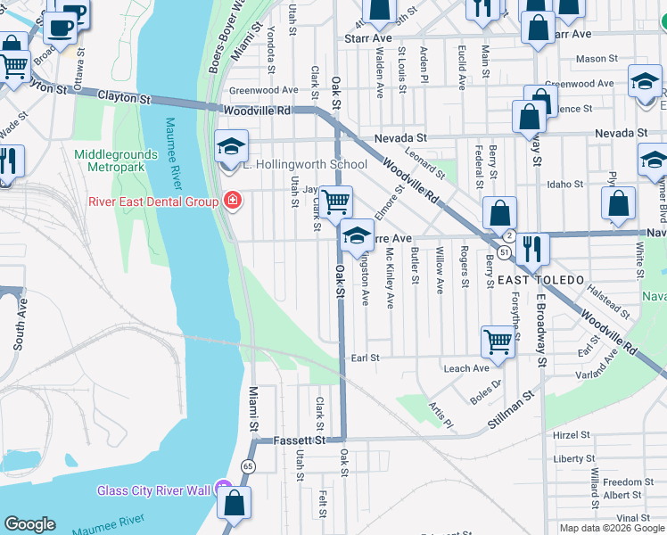 map of restaurants, bars, coffee shops, grocery stores, and more near 819 Clark Street in Toledo