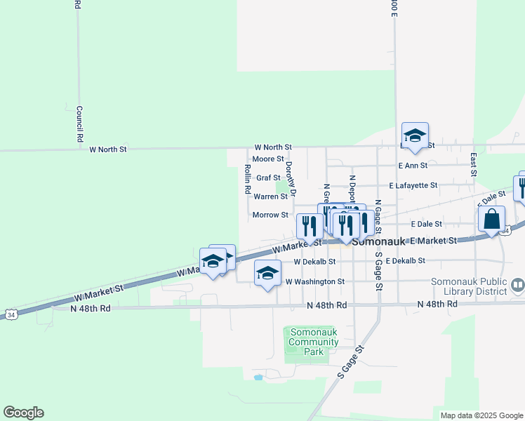 map of restaurants, bars, coffee shops, grocery stores, and more near 325B Warren Street in Somonauk