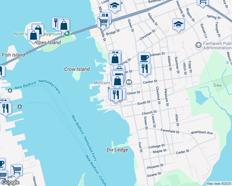 map of restaurants, bars, coffee shops, grocery stores, and more near 36 Main Street in Fairhaven