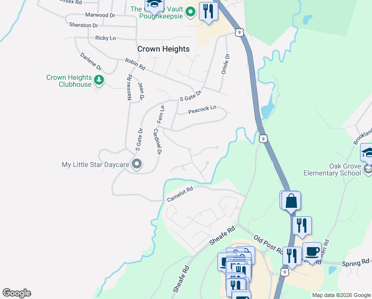 map of restaurants, bars, coffee shops, grocery stores, and more near 41 Cardinal Drive in Poughkeepsie